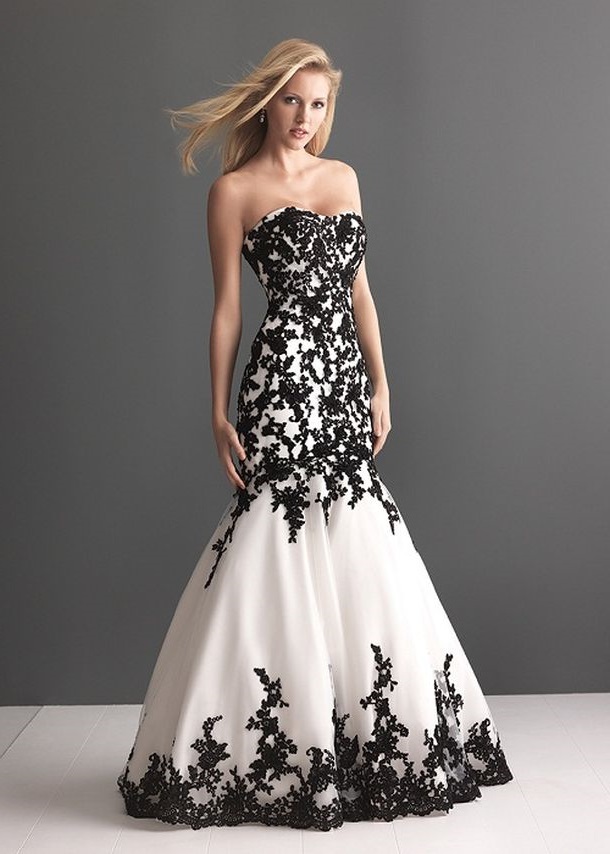 Black and White Mermaid style lace appliqued on tulle gown, FREE SHIPPING!